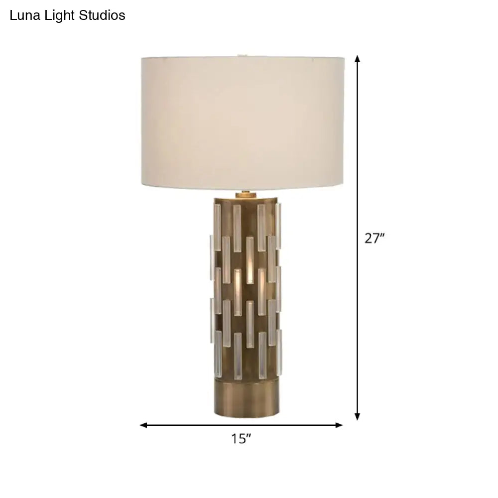 Modern White Metal Table Lamp With Fabric Drum Shade - Perfect Living Room Night Light
