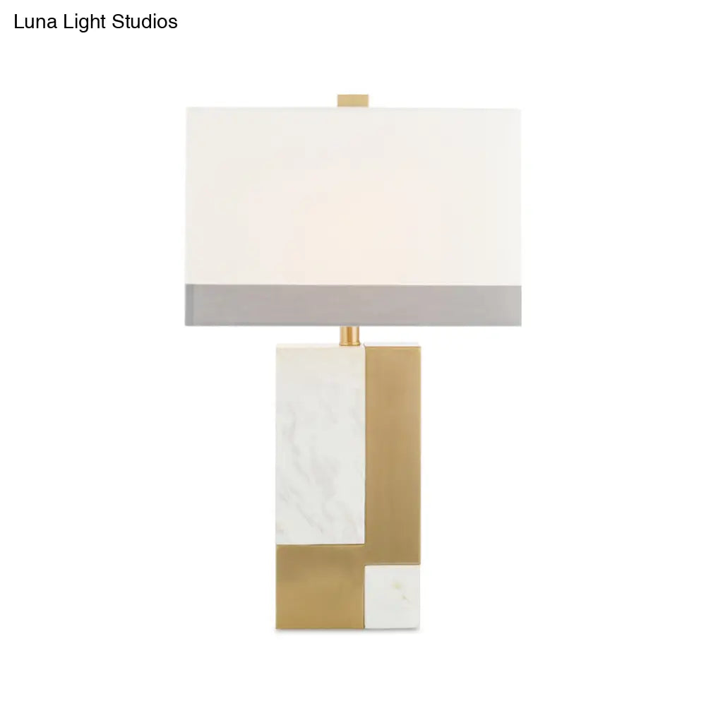 Modern White Night Table Lamp - Rectangle Fabric Shade 1 Head Study Desk Light