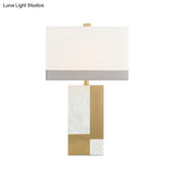 Modern White Night Table Lamp - Rectangle Fabric Shade 1 Head Study Desk Light