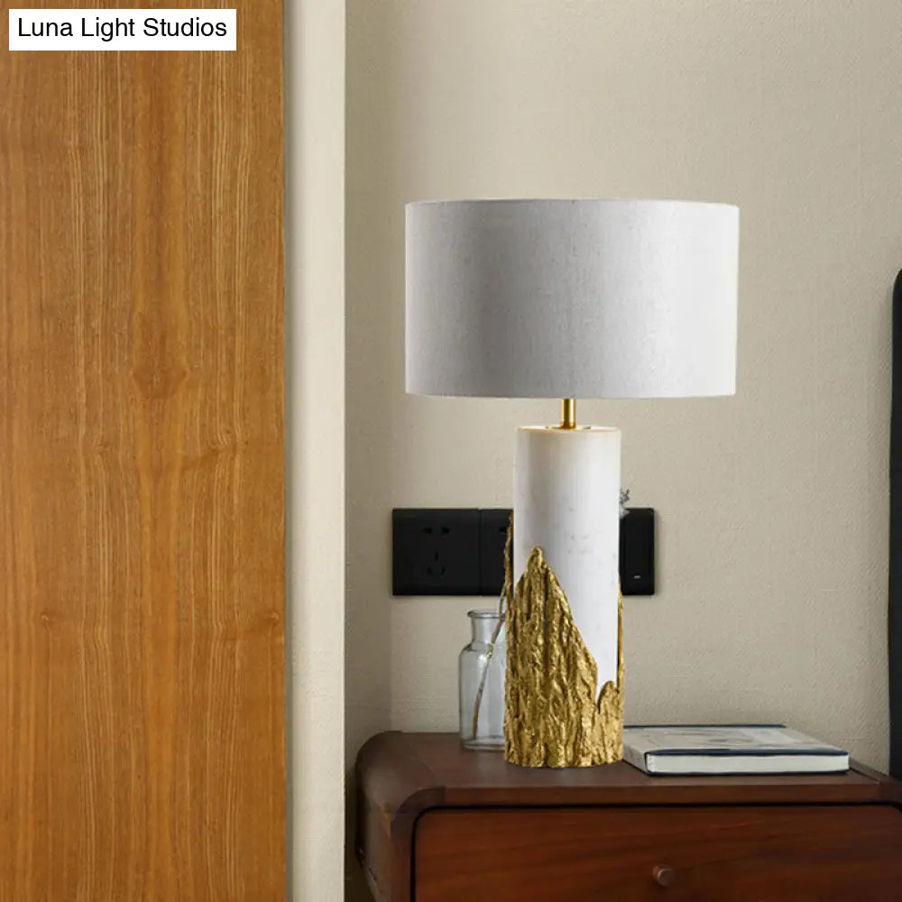Modern White Nightstand Lamp With Cylinder Fabric Shade - 1 Head Bedside Task Lighting