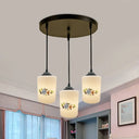 Modern White Printed Glass 3-Head Black Hanging Pendant - Cylinder Dining Room Multi Ceiling Light