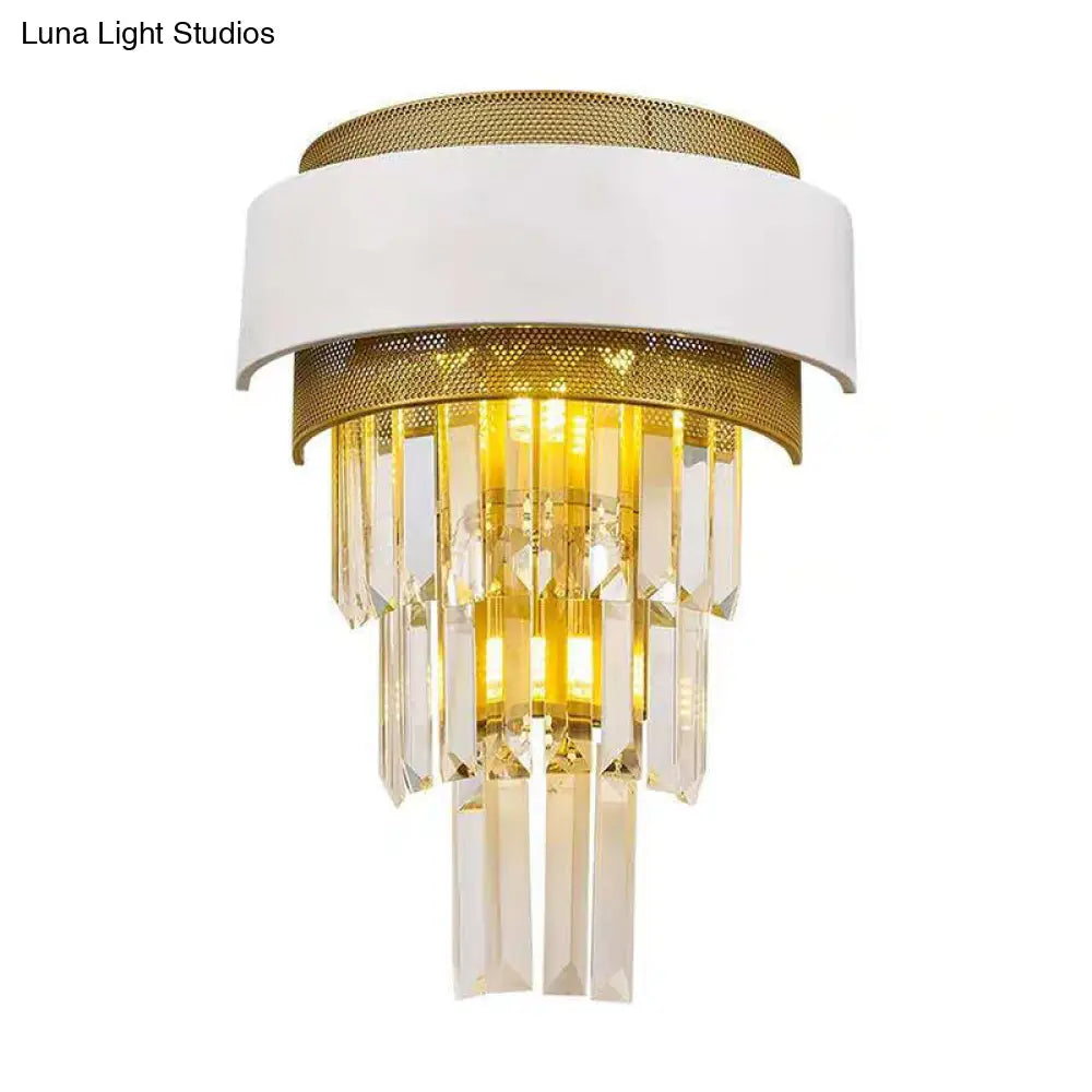 Modern White Square/Round Crystal Prisms Wall Sconce With Gold Mesh