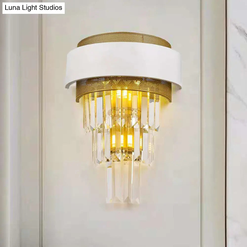 Modern White Square/Round Crystal Prisms Wall Sconce With Gold Mesh