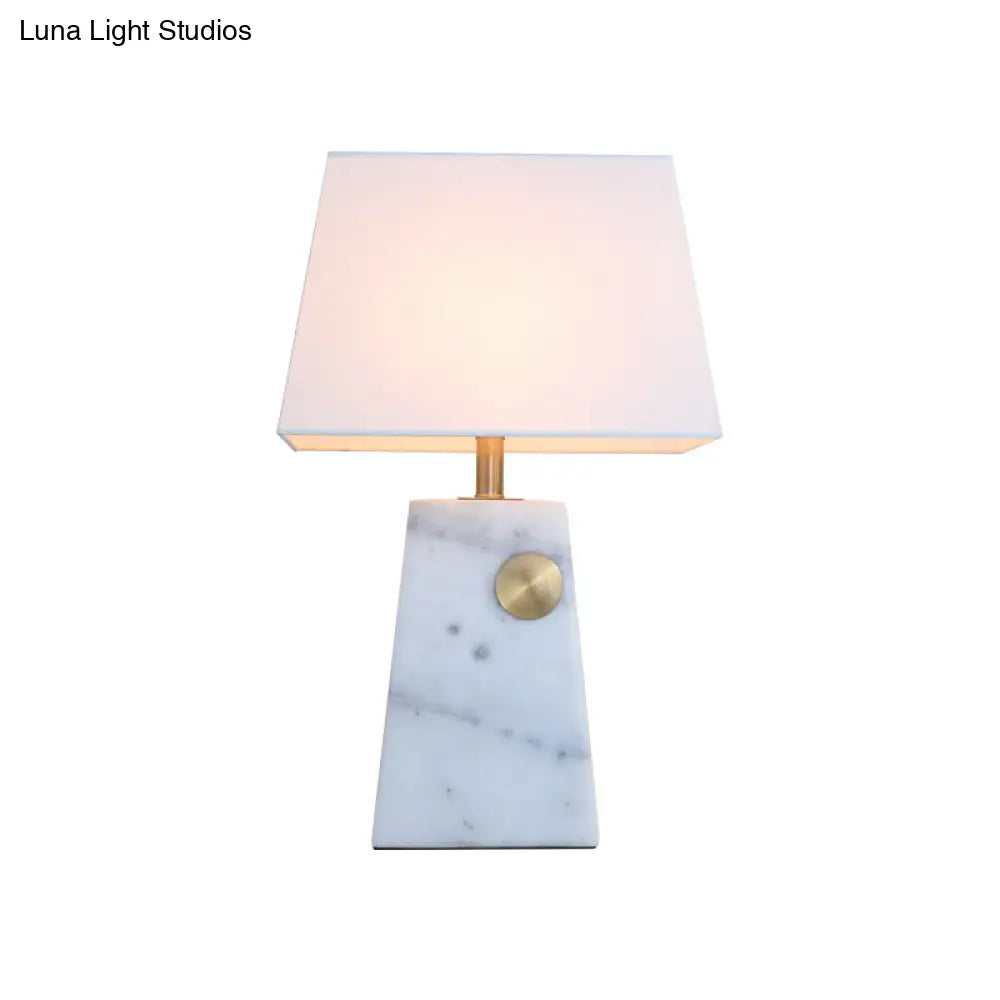 Modern White Trapezoid Night Table Lamp With Marble Base And Fabric Shade