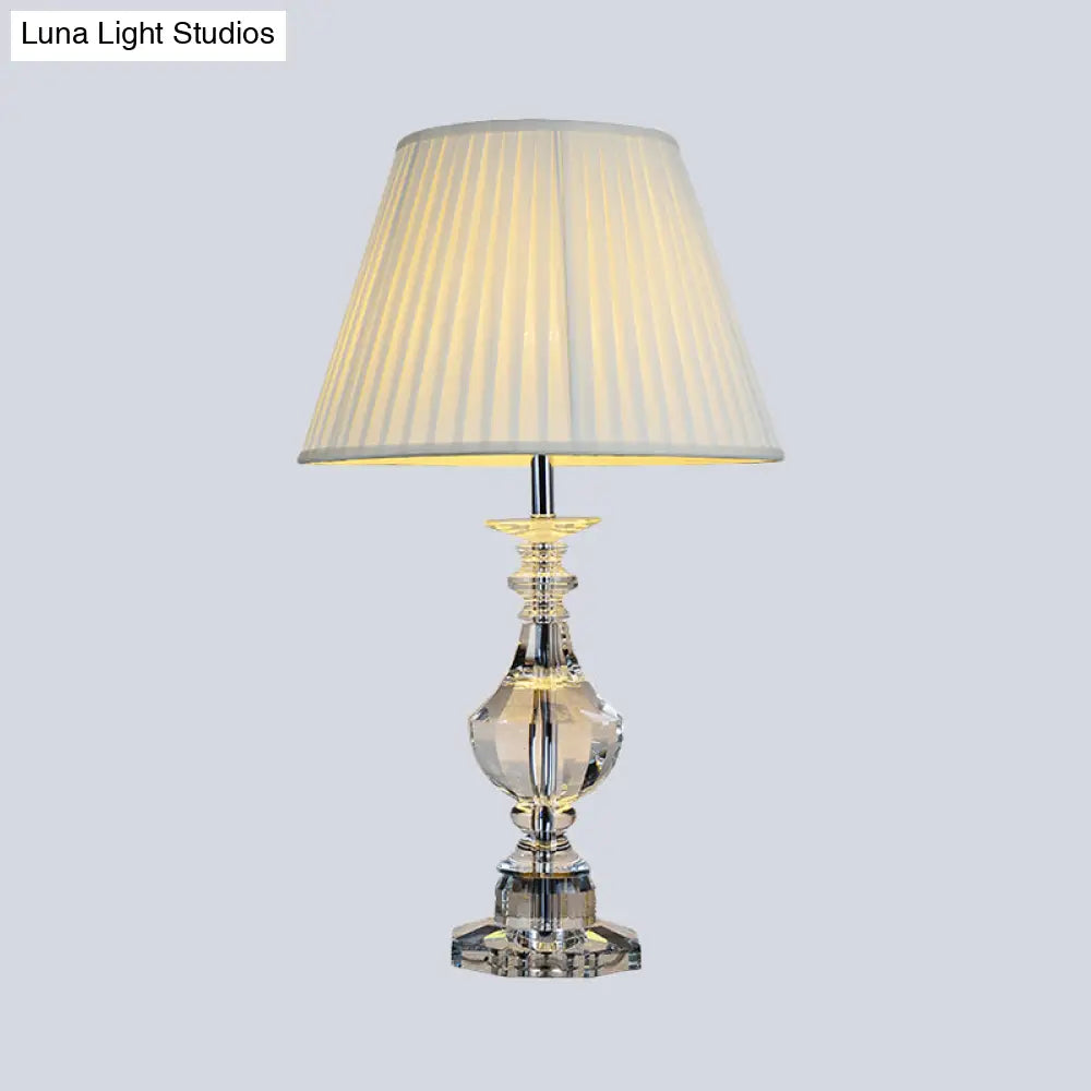 Modern White Urn-Shaped Desk Lamp With Beveled Crystal: 1-Bulb Night Table Light