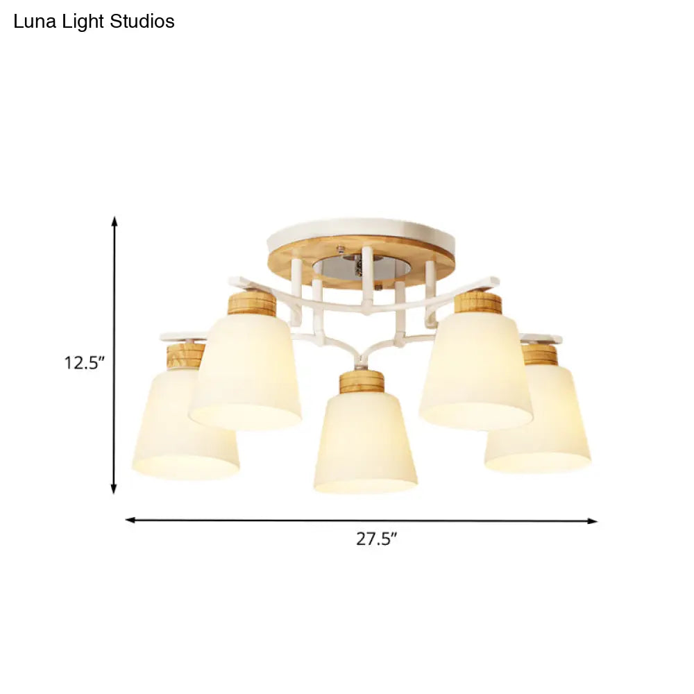 Modern White-Wood Barrel Flush Mount Light With Cream Glass - 3/5 Heads