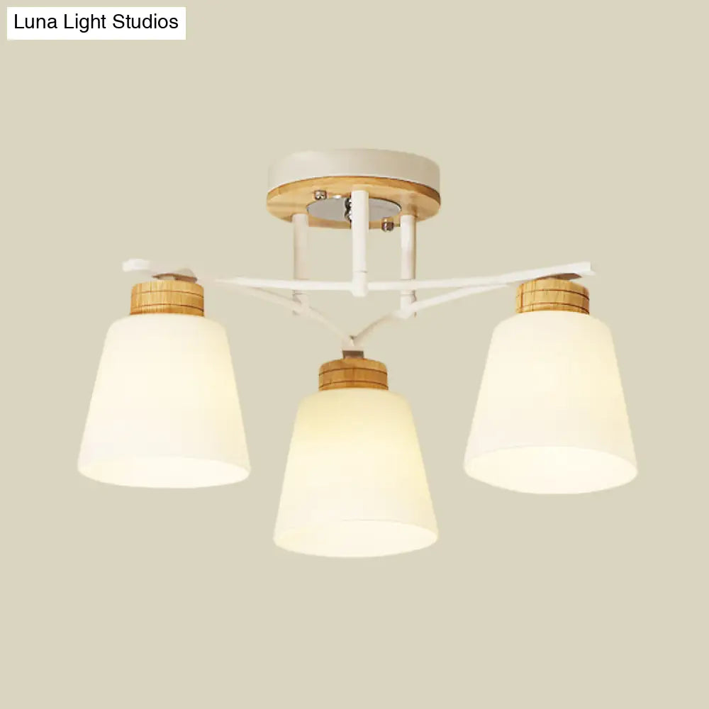Modern White-Wood Barrel Flush Mount Light With Cream Glass - 3/5 Heads
