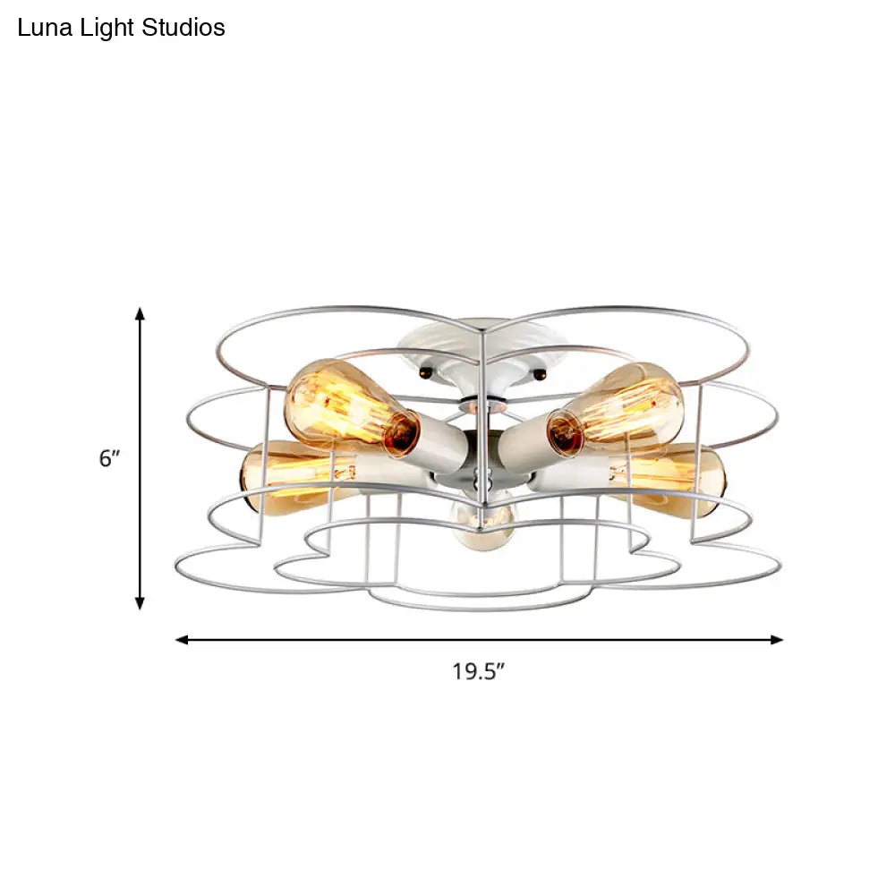 Modern Wire Caged Bloom-Shaped Ceiling Light - 5-Light Semi-Flush Mount In White For Bedroom