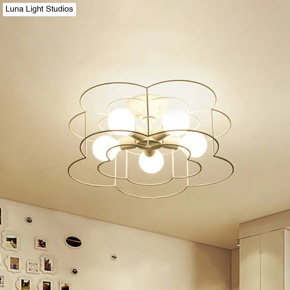 Modern Wire Caged Bloom-Shaped Ceiling Light - 5-Light Semi-Flush Mount In White For Bedroom
