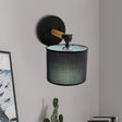 Modern Wood Armed Sconce Wall Lamp With Black Drum Shade - 1 Light Bedside Lighting