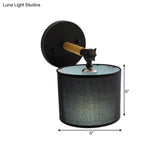 Modern Wood Armed Sconce Wall Lamp With Black Drum Shade - 1 Light Bedside Lighting