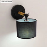 Modern Wood Armed Sconce Wall Lamp With Black Drum Shade - 1 Light Bedside Lighting