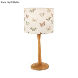 Modern Wood Barrel Study Lamp - 1-Head Fabric Task Lighting With Butterfly/Flower Pattern