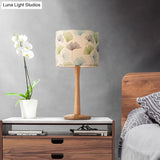 Modern Wood Barrel Study Lamp - 1-Head Fabric Task Lighting With Butterfly/Flower Pattern