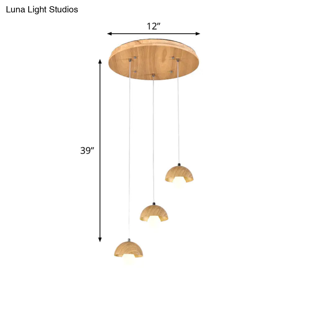 Modern Wood Dome Pendant Chandelier With 3 Beige Bulbs - Stylish Hanging Ceiling Lamp