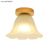 Modern Wood Flush Mount With White Glass Shade - 1 - Head Corridor Lamp