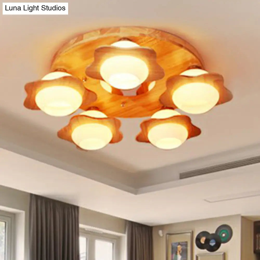 Modern Wood Flushmount Ceiling Light With Ivory Glass Shade And 5 Lights For Bedroom