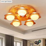 Modern Wood Flushmount Ceiling Light With Ivory Glass Shade And 5 Lights For Bedroom