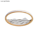 Modern Wood Led Ceiling Light With Landscape Design - 13/17 Circle Flush Mount Fixture In Beige