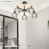 Modern Wood & Metal Chandelier For Villa And Restaurant - Wire Frame Hanging Light