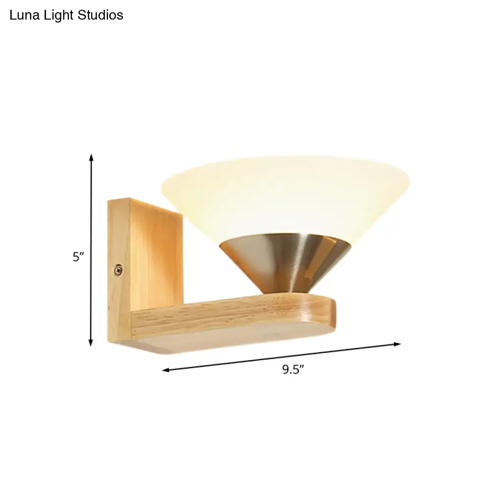 Modern Wood & Nickel Wall Sconce With Cone White Glass Shade- 1 Bulb Bedside Light Fixture