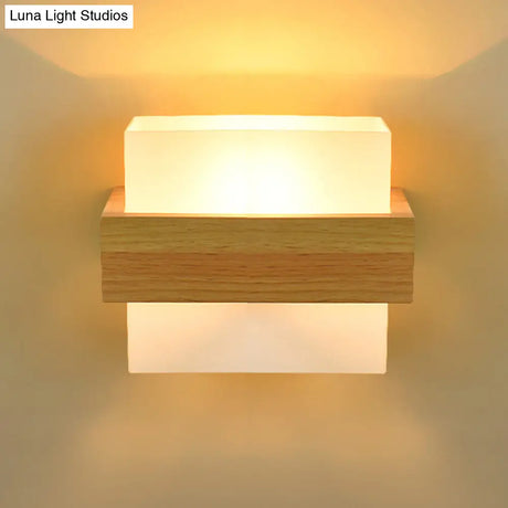 Modern Wood Rectangle Wall Lamp With Beige Sconce White Glass Shade