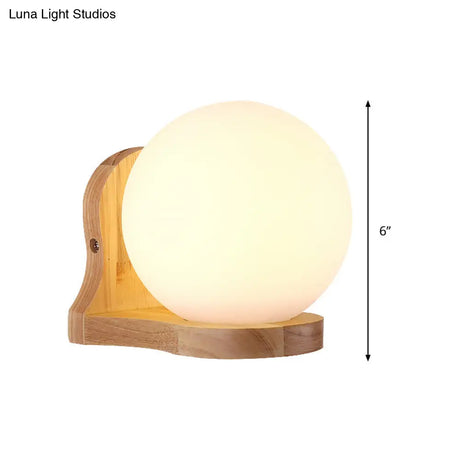 Modern Wood Spherical Wall Sconce Light With Milk Glass Shade