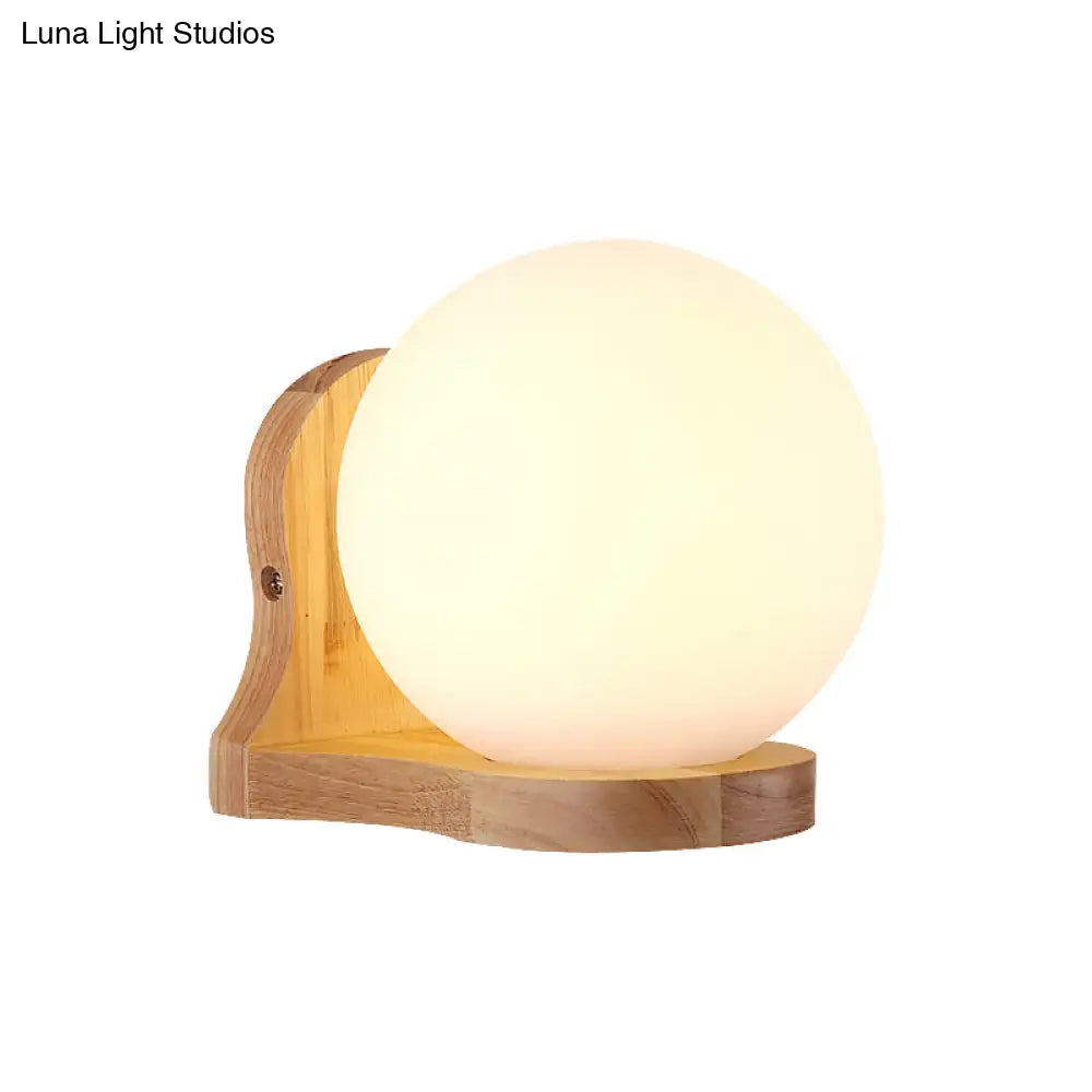 Modern Wood Spherical Wall Sconce Light With Milk Glass Shade