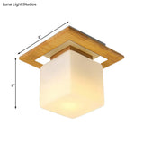 Modern Wood Square Semi Flush Mount Light With Milk Glass Shade