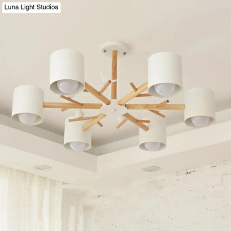 Modern Wooden Branch Flush Chandelier With Ball Cream Glass Shades - Nordic Design 3/6/8 Heads White