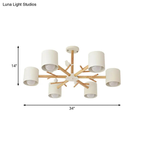 Modern Wooden Branch Flush Chandelier With Ball Cream Glass Shades - Nordic Design 3/6/8 Heads White