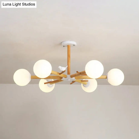 Modern Wooden Branch Flush Chandelier With Ball Cream Glass Shades - Nordic Design 3/6/8 Heads White