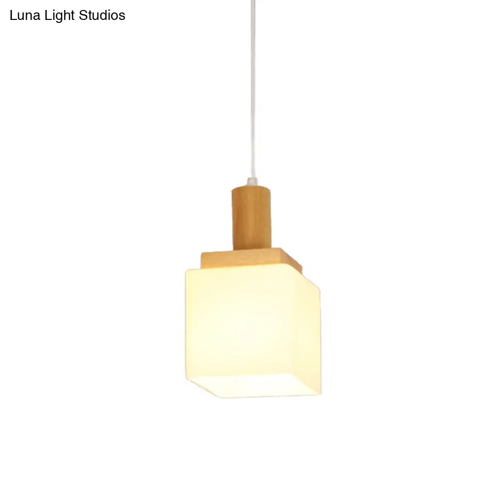 Modern Wooden Cube Glass Pendant Light For Foyer - Asian Inspired Ceiling Lamp