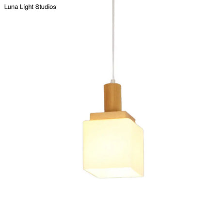 Modern Wooden Cube Glass Pendant Light For Foyer - Asian Inspired Ceiling Lamp