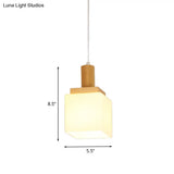 Modern Wooden Cube Glass Pendant Light For Foyer - Asian Inspired Ceiling Lamp