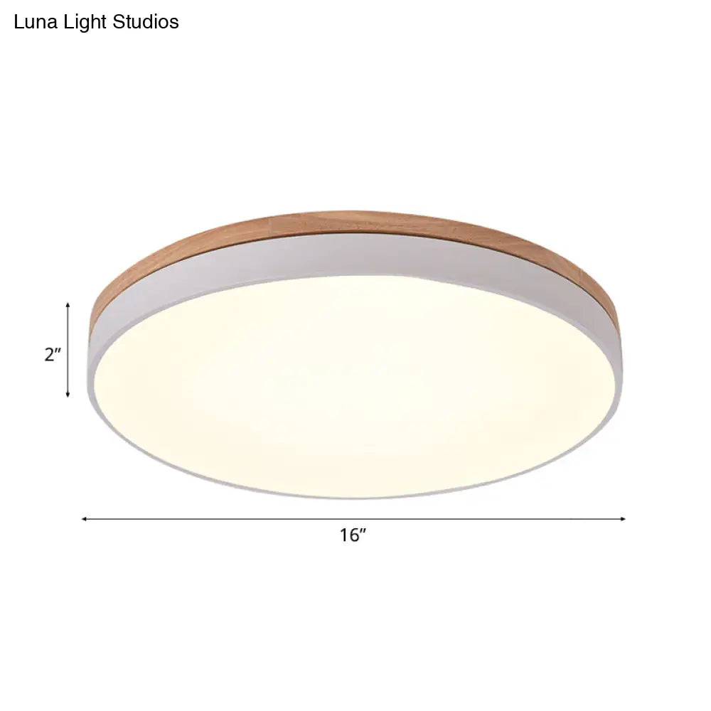 Modern Wooden Led Ceiling Lamp - Wide White Round Flush Mount Single Light For Living Room