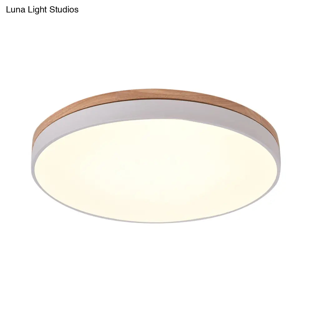 Modern Wooden Led Ceiling Lamp - Wide White Round Flush Mount Single Light For Living Room