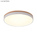 Modern Wooden Led Ceiling Lamp - Wide White Round Flush Mount Single Light For Living Room