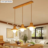 Modern Wooden Pendant Light In Beige For Kid’s Room - Coolie Shade Hanging With Linear/Round Canopy