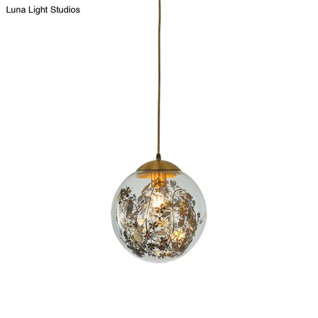 Modern Yellow Ball Pendant Lamp - 1-Head Clear Glass Ceiling Light With Inner Shattered Leaves