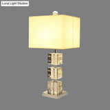 Modernism Small Beige Desk Lamp: Cuboid Fabric Task Lighting With Hand-Cut Crystal