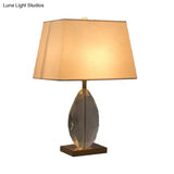 Modernism Teardrop Reading Light With Beveled Crystal Accent - White Nightstand Lamp Fabric Shade