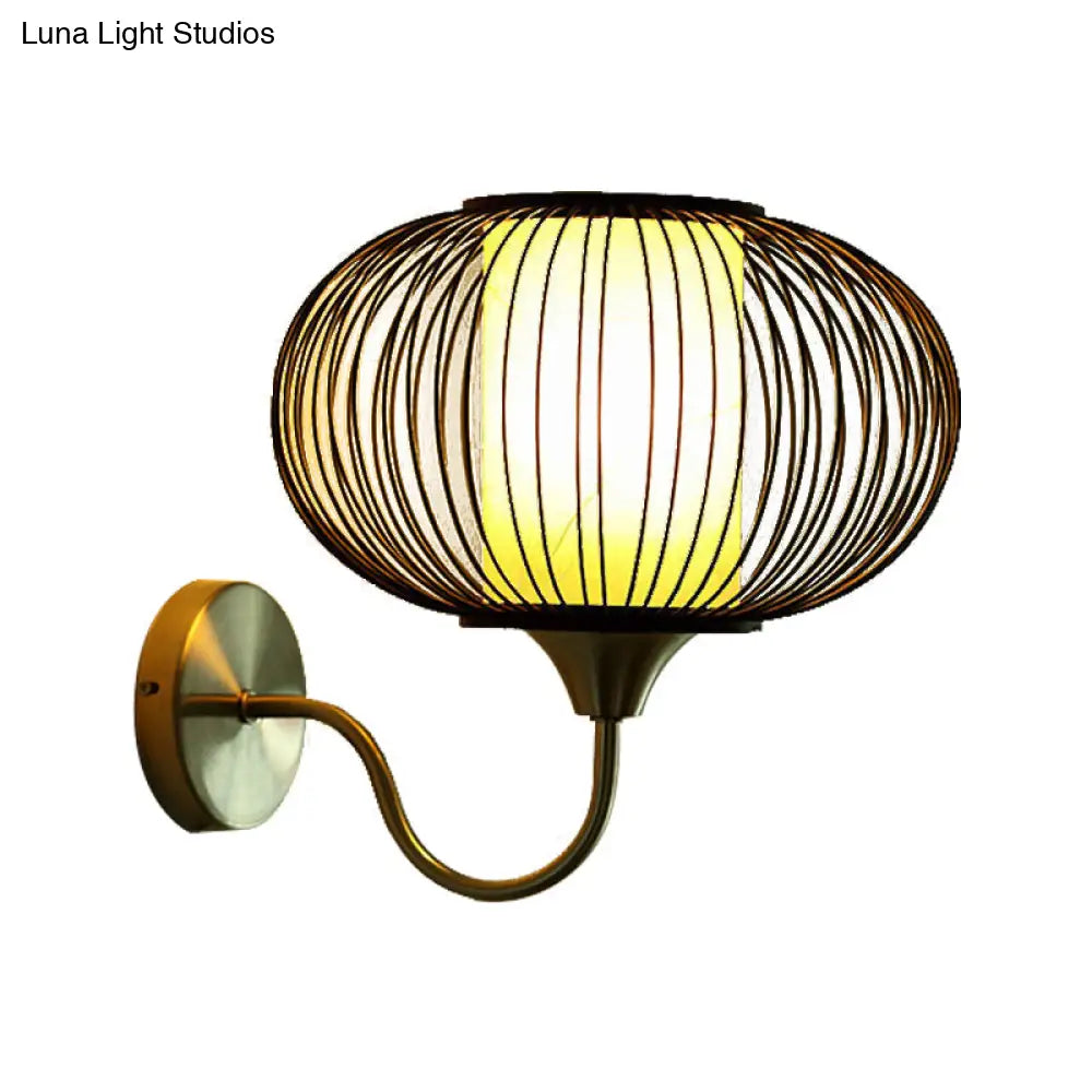 Modernist 1-Bulb Black Lantern Sconce: Bamboo Shade Wall Mount Light Fixture
