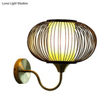 Modernist 1-Bulb Black Lantern Sconce: Bamboo Shade Wall Mount Light Fixture