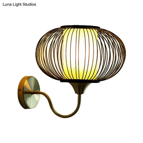 Modernist 1-Bulb Black Lantern Sconce: Bamboo Shade Wall Mount Light Fixture