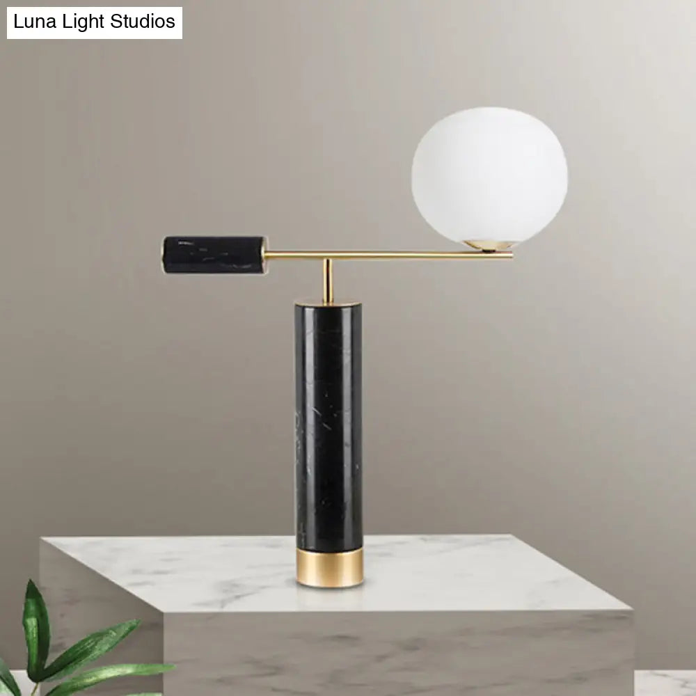 Modernist 1-Bulb Black Nightstand Lamp With Milk Glass Shade & Reading Light