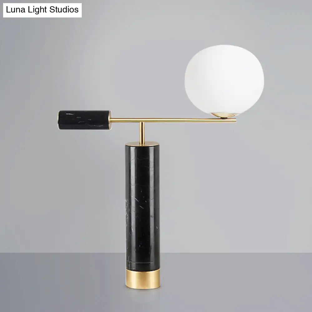 Modernist 1-Bulb Black Nightstand Lamp With Milk Glass Shade & Reading Light