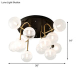 Modernist 12 - Head White Glass Globe Flush Lighting In Brass - Ideal For Living Room Ceiling