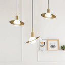 Modernist 3-Head Brass Pendant Light With Milky Glass Cluster - Global Design Panel Ring Detail