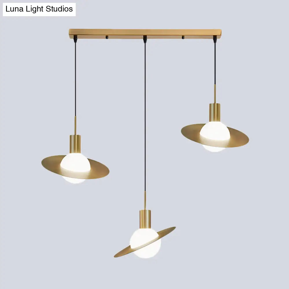 Modernist 3-Head Brass Pendant Light With Milky Glass Cluster - Global Design Panel Ring Detail